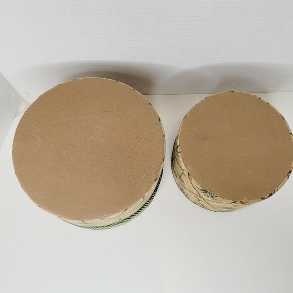 Vintage 2pc Sewing Box Storage Round Palm Trees & Bamboo Storage 7.25" & 5.5" - Picture 10 of 12